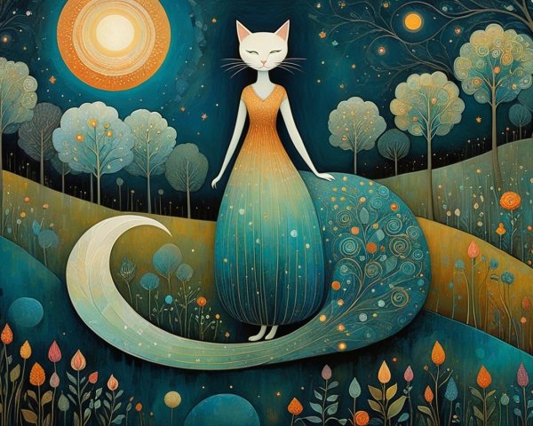 Whimsical Cat-Human Hybrid in Enchanting Landscape