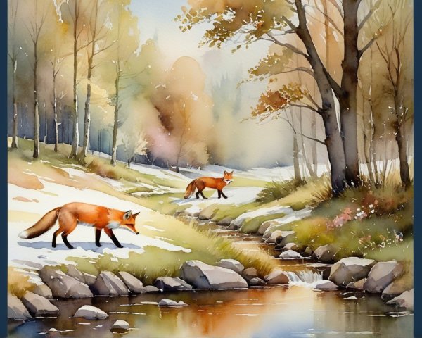 Watercolor of Foxes in Tranquil Autumn Forest