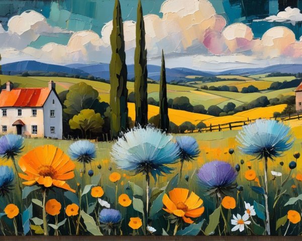 Vibrant Countryside Landscape with Cottages and Hills