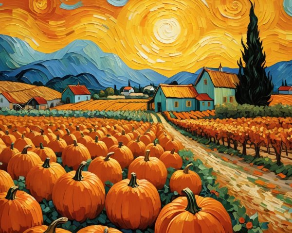 Vibrant Autumn Landscape with Pumpkins and Hillside Houses