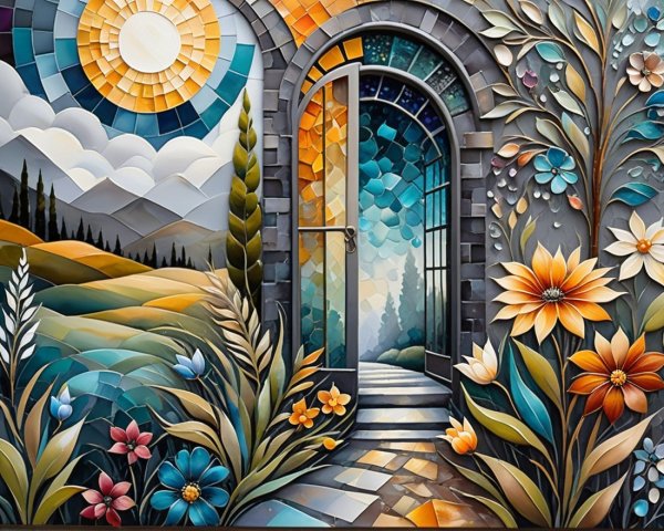 Ornate Doorway Surrounded by Colorful Flowers and Hills