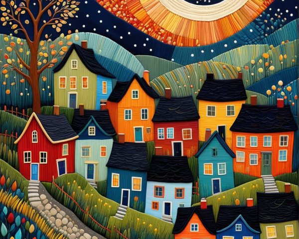 Vibrant Whimsical Landscape with Colorful Houses