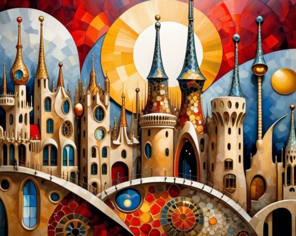 Whimsical Colorful Castle Skyline with Abstract Shapes