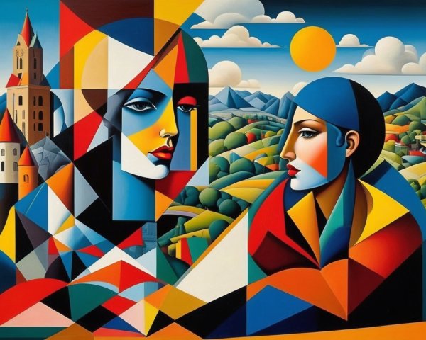 Stylized Faces in Bold Colors Against Vibrant Landscape