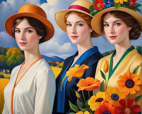 Elegant Women in Vintage Attire with Flowers