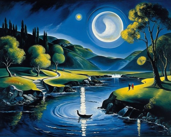 Moonlit River Landscape with Trees and Couple