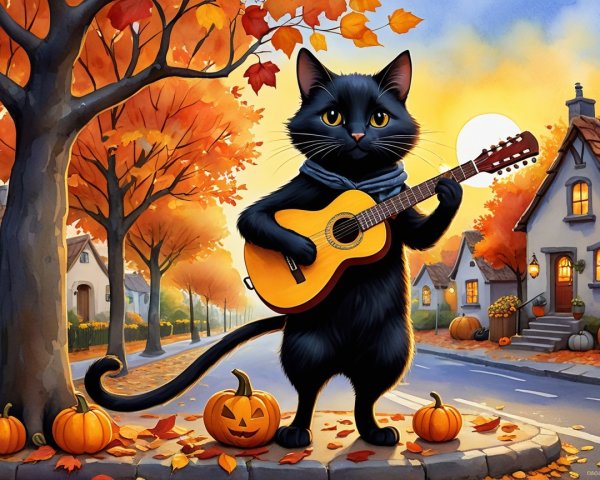 Whimsical Black Cat Playing Guitar in Autumn Scene