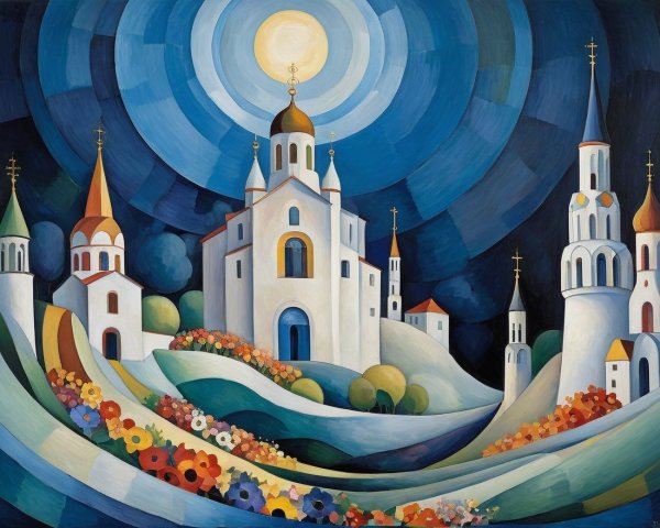Whimsical Churches in Vibrant Night Landscape Art