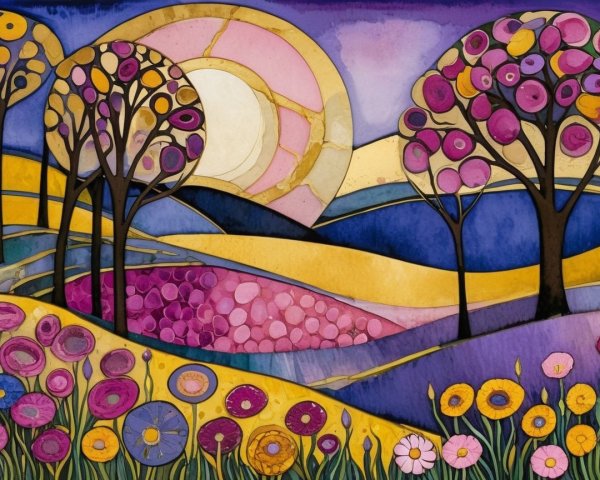 Vibrant Landscape with Colorful Blooms and Silhouette Trees