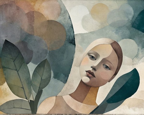 Stylized Female Figure Amid Abstract Foliage