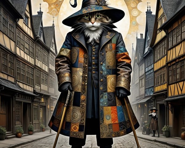 Majestic Cat in Wizard Coat on Cobblestone Street