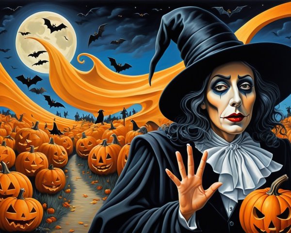 Mysterious Figure in Witch Hat in Pumpkin Patch