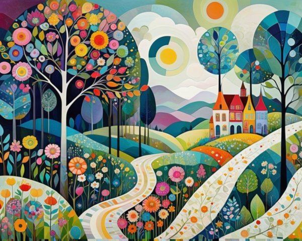 Vibrant Landscape with Whimsical Trees and Flowers