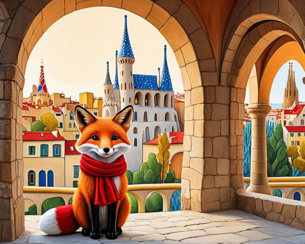 Charming Cartoon Fox in Whimsical Cityscape Setting