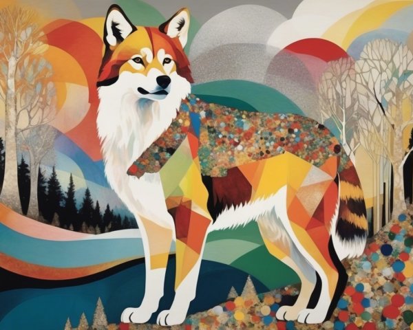 Stylized wolf with geometric patterns in vibrant colors