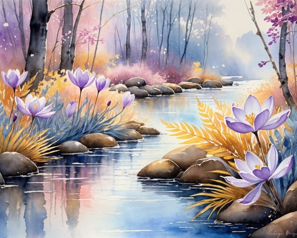 Watercolor Landscape of a Stream with Autumn Foliage