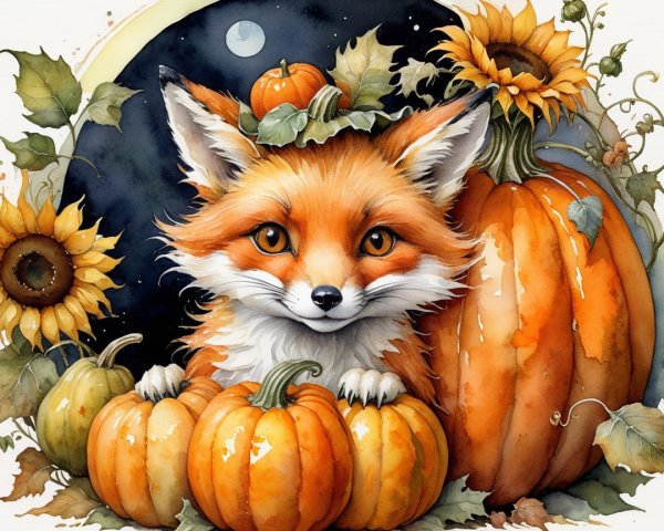 Red fox among pumpkins and sunflowers in autumn scene