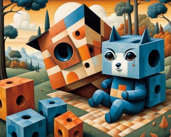 Whimsical Landscape with Geometric Cat and Shapes