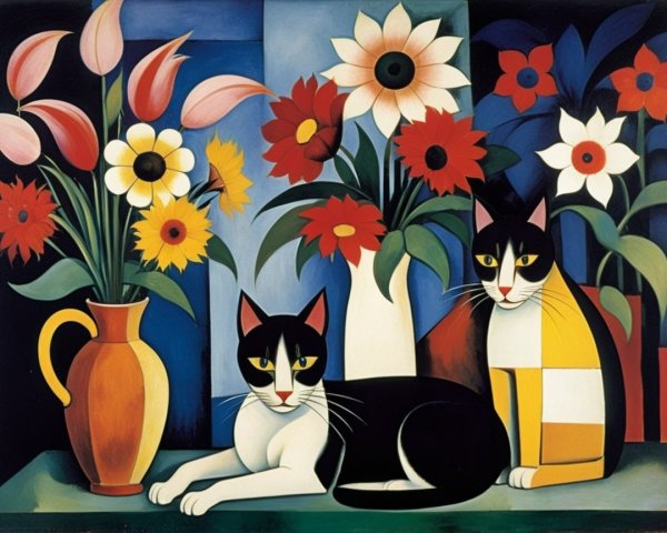 Stylized Cats with Colorful Flowers and Geometric Shapes