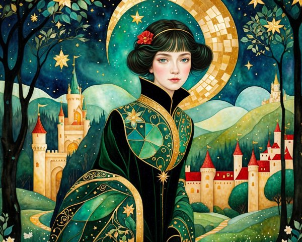 Young woman in emerald gown under crescent moon