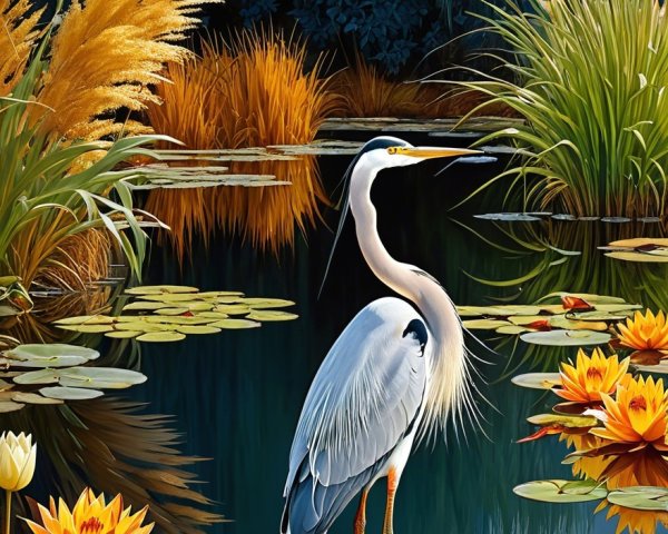 Heron in Tranquil Pond Surrounded by Water Lilies