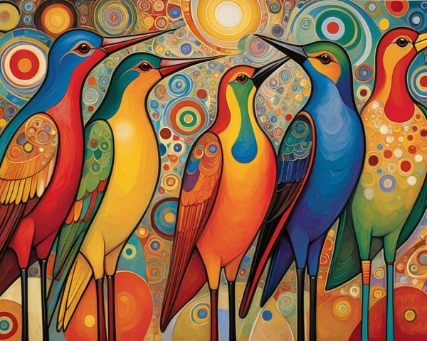 Colorful Abstract Birds with Patterns and Whimsical Background