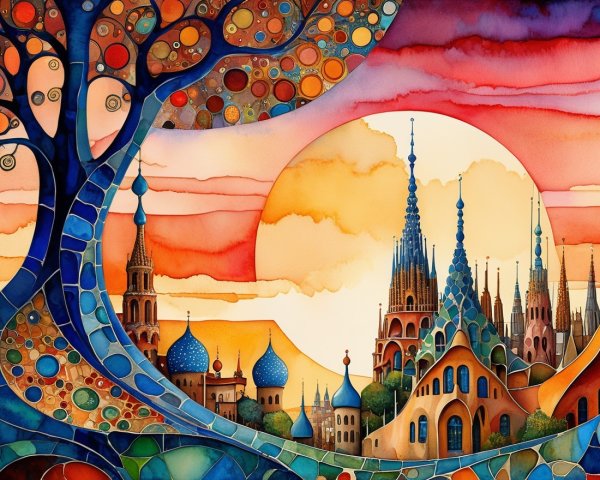 Vibrant Whimsical Landscape with Colorful Tree and City