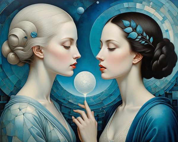 Elegant Women in Serene Blue Geometric Setting