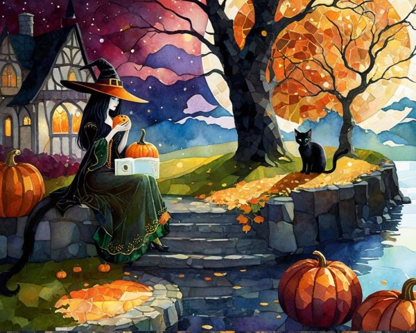 Witch Reading Letter in Autumn Landscape with Pumpkins