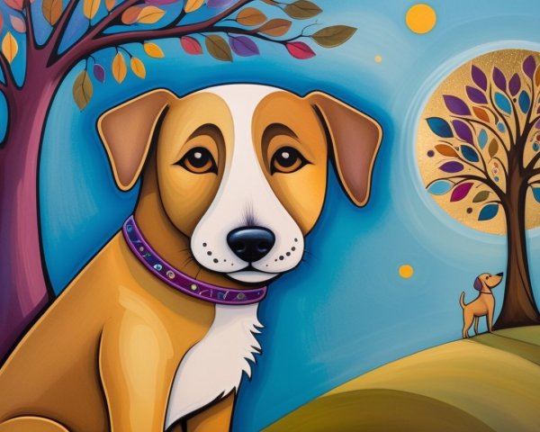 Colorful Dog with Moon and Whimsical Trees Background