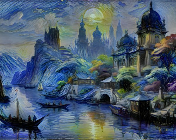 Tranquil River Landscape with Lush Trees and Towers