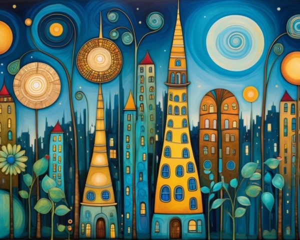 Vibrant Cityscape with Glowing Orbs and Unique Towers