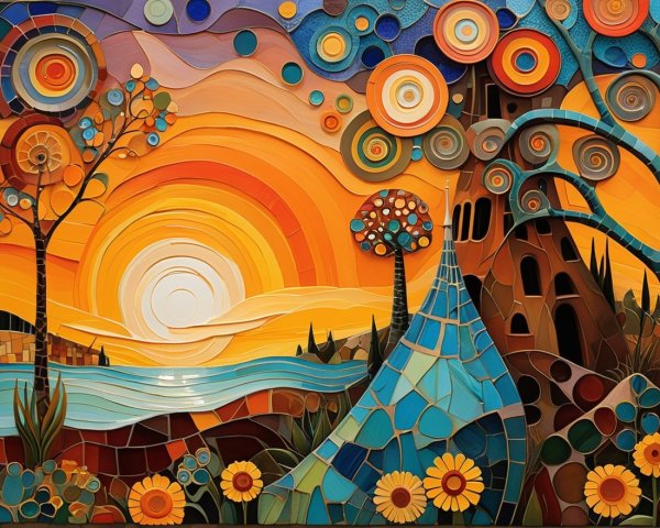 Vibrant Sunset Over Serene Landscape with Colorful Foliage