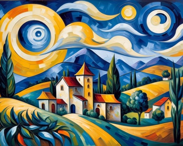 Vibrant Landscape Painting of Rolling Countryside Scene