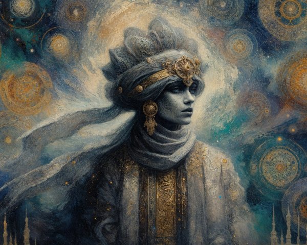 Mysterious figure in elaborate garments with cosmic backdrop