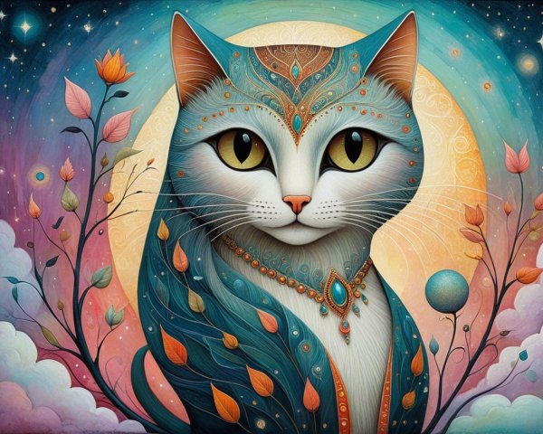 Intricate Cat Illustration with Cosmic Background