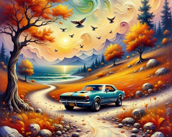 Vibrant Autumn Landscape with Classic Car and Lake