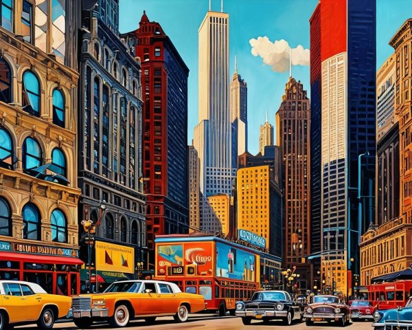 Vibrant cityscape with skyscrapers and classic cars