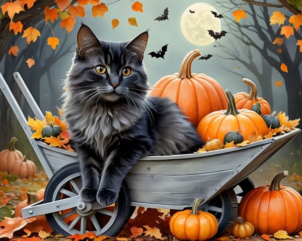 Fluffy Black Cat in Wheelbarrow with Pumpkins and Bats