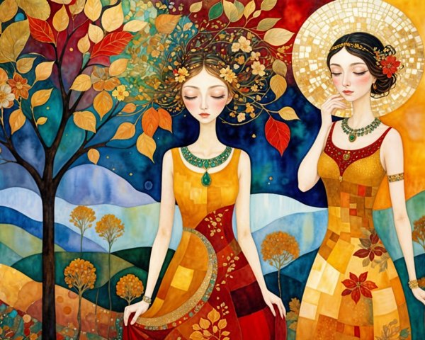 Elegant Women in Autumn Foliage with Vibrant Gowns