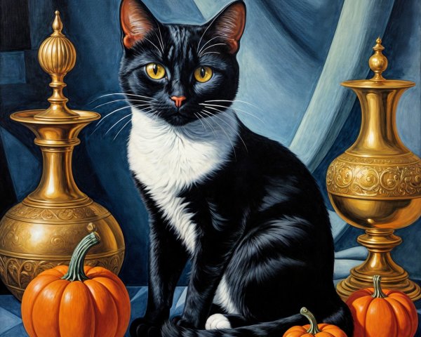 Black and White Cat Among Golden Vases and Pumpkins