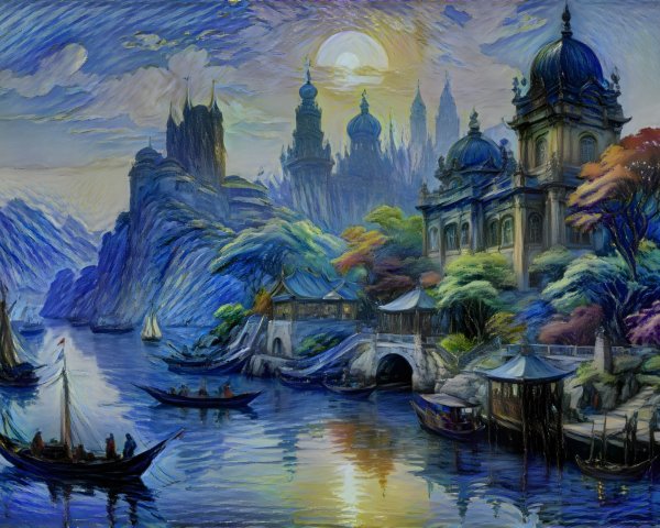 Vibrant Dreamy Landscape with Castles and Reflections