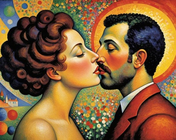 Vibrant Painting of a Couple in a Passionate Kiss