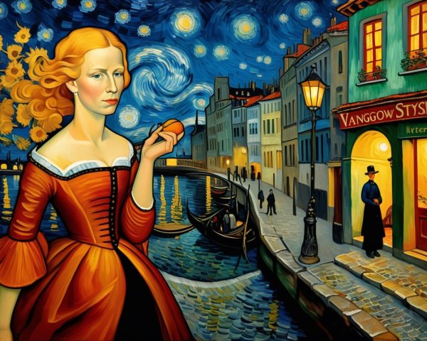 Woman in Red Dress by Canal Under Starry Sky