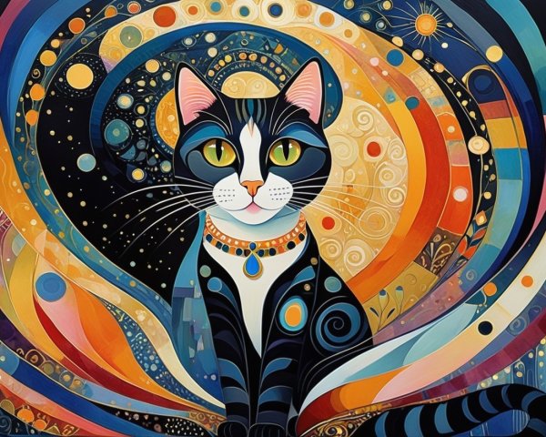 Whimsical Artwork of a Cat with Celestial Background