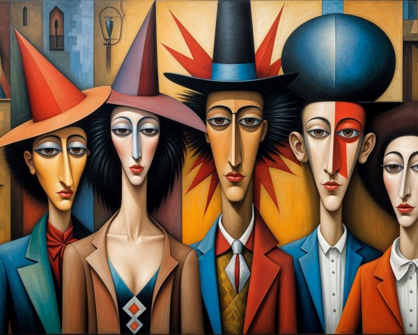 Stylized Figures in Vibrant Colors and Abstract Background