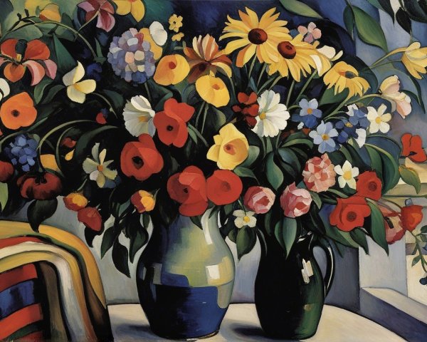 Vibrant Still Life with Colorful Flower Vases