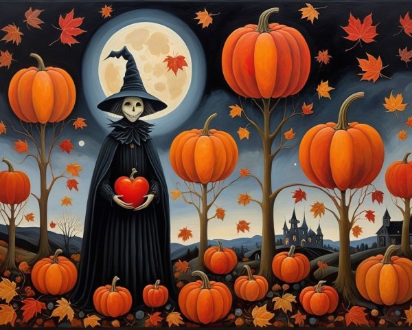 Halloween Scene with Cloaked Figure and Pumpkins