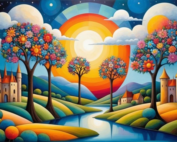 Colorful Landscape with Whimsical Trees and Castles
