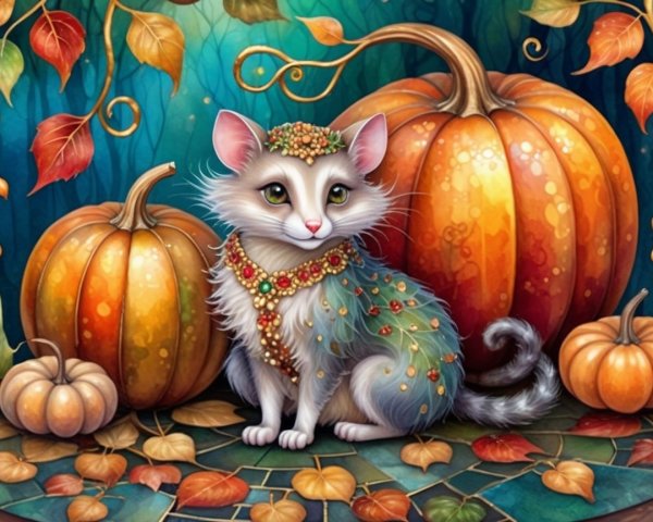 Whimsical Cat with Jeweled Collar in Autumn Setting